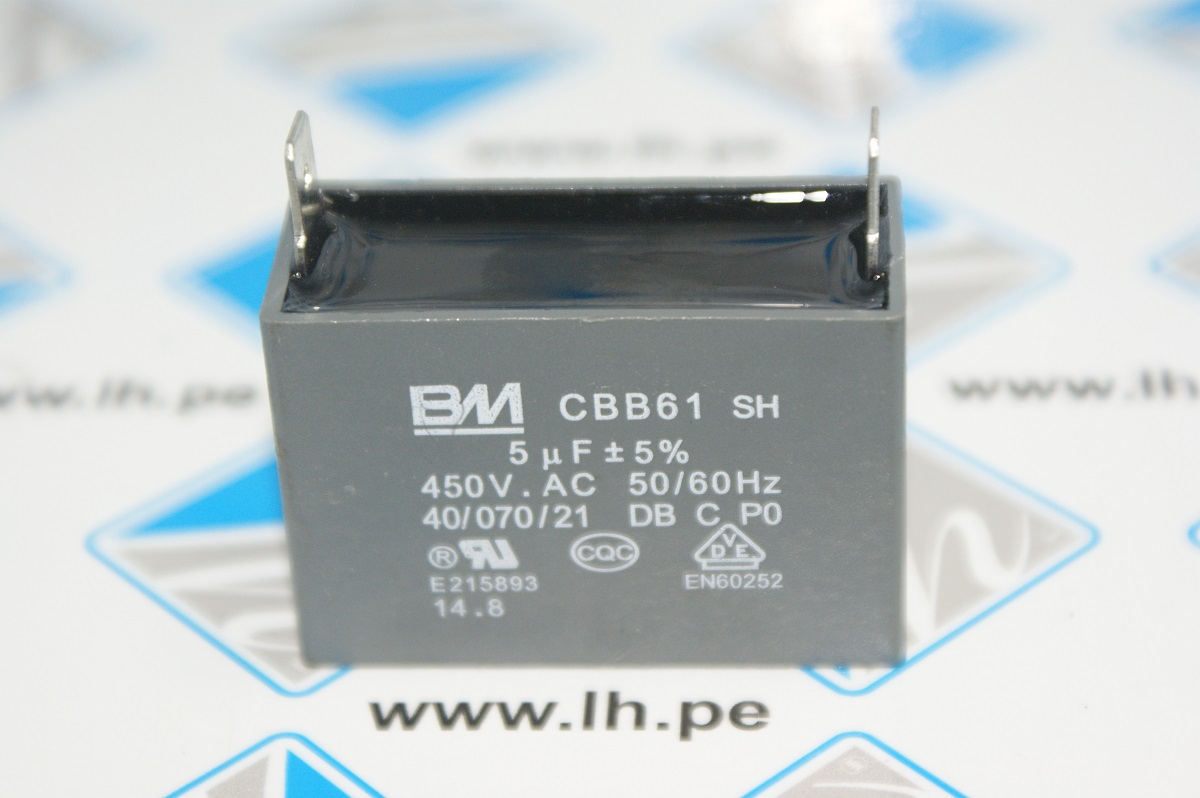 CBB61 5uF 450V              Capacitor para motor 5uF 450VAC, 50/60Hz 2 terminales rectangular en CBB61